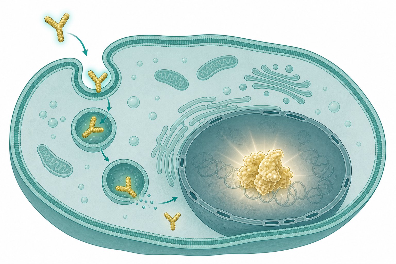 Illustration of a nanobody entering a cancer cell to reach a nuclear protein target