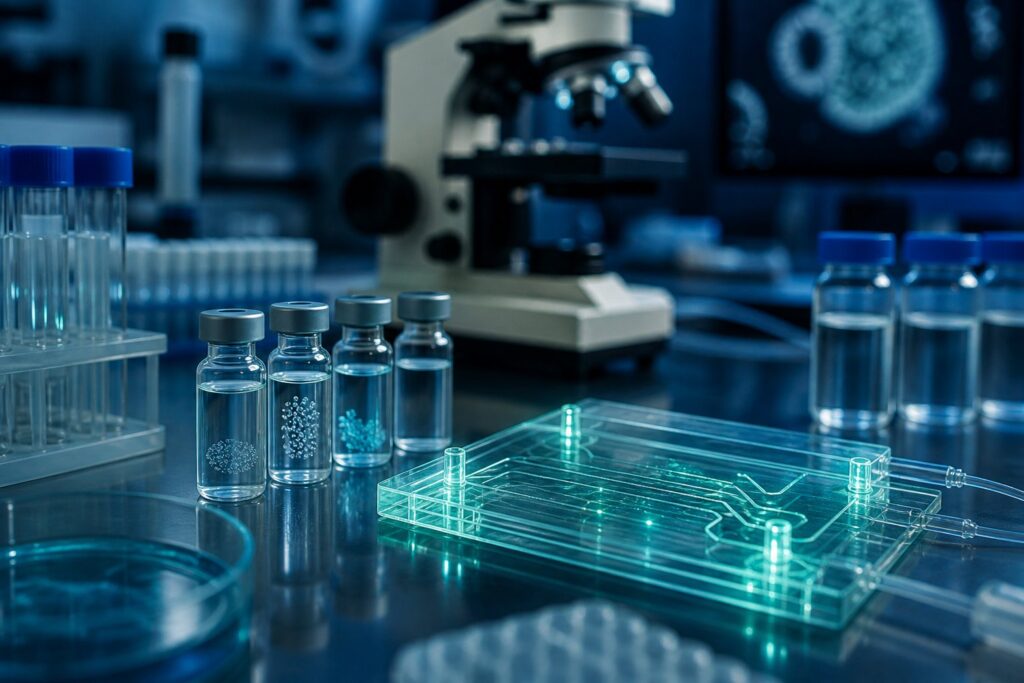 Laboratory nanomedicine bench with a glowing microfluidic chip and research vials